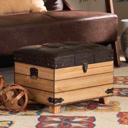 BAXTON STUDIO Edmund Transitional Dark Brown Faux Leather Upholstered and Oak Brown Finished Wood Storage Ottoman 191-11904-ZORO